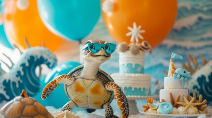 Underwater themed birthday with turtle wearing sunglasses, cakes and starfish, amidst oceanic balloons