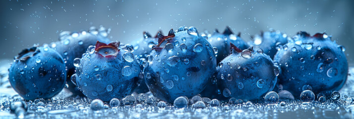 Fresh Blueberries with Water Droplets in Close-Up - obrazy, fototapety, plakaty