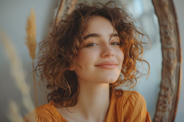 Smiling Young Woman with Curly Hair in Warm Indoor Lighting