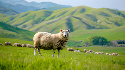 White sheep standing in sunny green field under clear blue sky background. Nature landscape