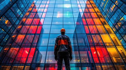 an worker standing in front of business office building from worm-eye-view perspective look up to the sky, modern city metropolis abstract background, Generative Ai - obrazy, fototapety, plakaty
