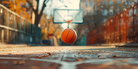 Autumn Basketball Court with Ball in Focus - obrazy, fototapety, plakaty