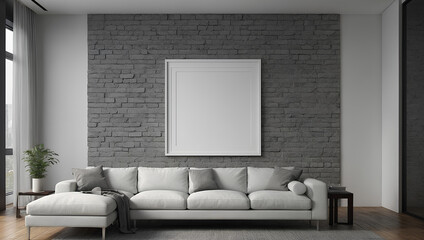 mockup frame. blank white mockup frame hanging on the wall with Modern interior Room design. 3D render style. illustration generative ai