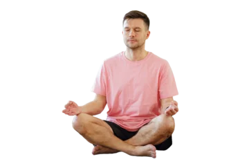 Poster Man meditation relaxation yoga lotus pose on the floor. Transparent background. © muse studio