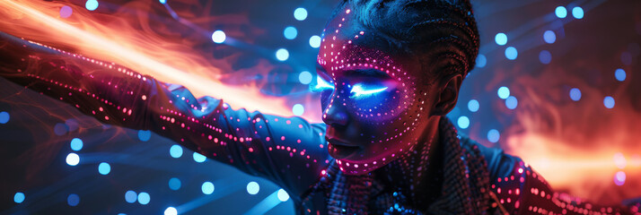 Futuristic Cyber Woman with Neon Face Paint in Dynamic Pose
