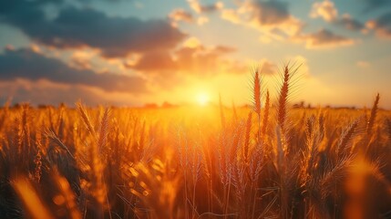 Naklejka premium banner wide picture of beautiful close up wheat ear against sunlight at evening or morning with yellow field as background, Generative Ai 
