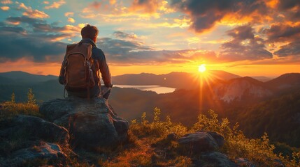 at mountaintop a man looking at sunshine horizon, hope dream and exploration symbolize background, gorgeous nature scenery, Generative Ai	
 - obrazy, fototapety, plakaty