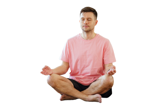 Man meditation relaxation yoga lotus pose on the floor. Transparent background.