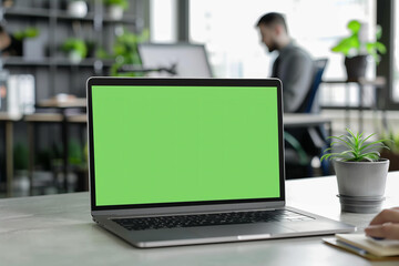 
Laptop with green screen mockup on office desk, a person working in the background.