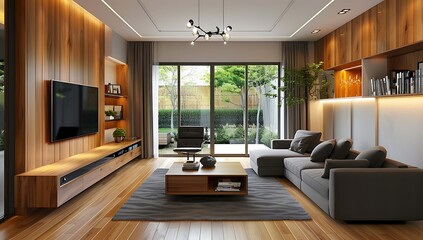 A modern living room with wooden paneling, comfortable sofas and armchairs, a TV stand on the wall, a grey carpet floor, a sliding glass door to an outdoor area, natural light from windows