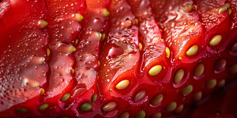 Close-up Texture of Wet Strawberry Surface with Seeds and Water Droplets