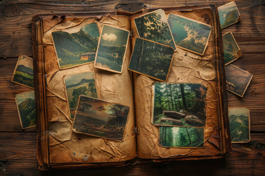 Vintage Photo Album with Scenic Nature Photographs on Wooden Table