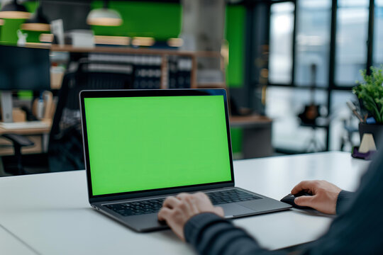 
Laptop with green screen mockup on office desk, a person working in the background. - Powered by Adobe