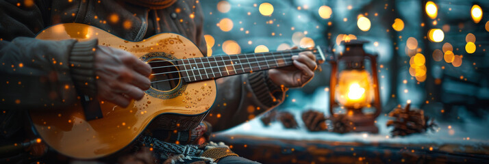 Cozy Winter Evening with Acoustic Guitar and Warm Lantern Light - obrazy, fototapety, plakaty