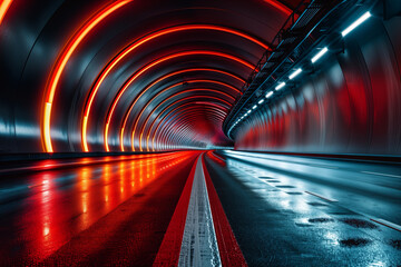 Futuristic red and blue illuminated tunnel with reflective asphalt road