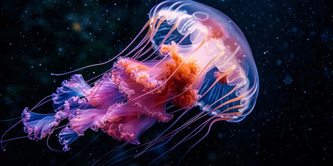Naklejka premium Ethereal Jellyfish Gliding Through Dark Ocean Waters