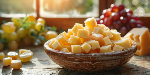 Gourmet Cheese Cubes in Rustic Bowl on Wooden Table with Grapes