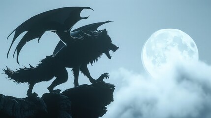 The silhouette of a lone wolf perched on a rugged cliff, its silhouette stark against the moonlit sky, as it releases a soulful howl into the night, captured in a captivating black and white scene. 