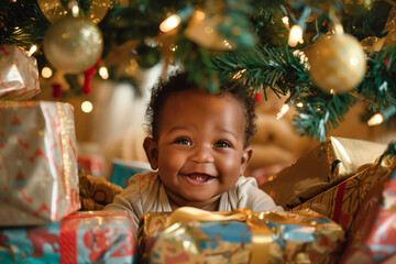 Fototapeta na wymiar Cheerful baby with Christmas gifts under tree