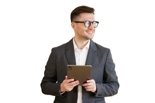 A businessman in a suit and glasses is using a tablet as a chief executive officer of an office. The background is transparent.

