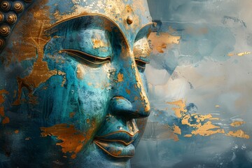 Blue buddha head painting with gold accents