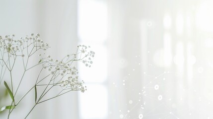 Delicate gypsophila, also known as baby's breath, basking in the soft morning light by a window, creating a pure and tranquil atmosphere, perfect for serene backgrounds and gentle design elements  - obrazy, fototapety, plakaty