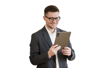 A male businessman in a suit uses a tablet office employee chief secretary. Transparent background.