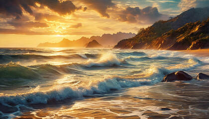 Serene beach at sunset with waves, reflecting golden light, and distant mountains. Generative Ai - 783692964