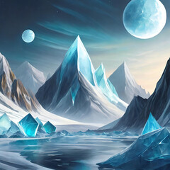 A serene landscape with crystalline mountains and dual moons, reflecting on water, blends natural beauty with mystical allure. Generative Ai. - 783692968