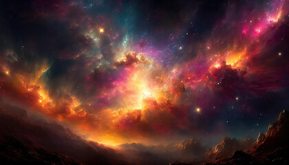 Vibrant galaxy unfolds above a serene, misty landscape, stars and nebulae painting the sky with radiant hues - 783692976