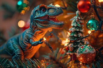 Dinosaur Toy Decorating Festive Christmas Tree with Lights