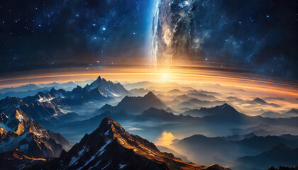 Majestic view of mountains amidst clouds under a starry sky with a galaxy visible, showcasing the beauty of nature and universe. Generative Ai - 783692989