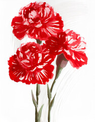Watercolor artwork showcasing red carnations with green foliage against a stark white backdrop - 783692991