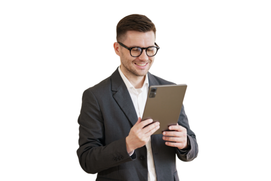 A male businessman in a suit uses a tablet office employee chief secretary. Transparent background.