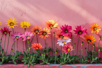 Vibrant Garden Flowers Against a Pink Wall Background