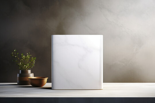 Marble podium with plant and bowl on wooden table against dark wall background.
