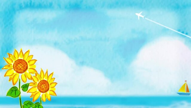 向日葵と飛行機雲のある夏っぽい暑中見舞いモーションアニメーション動画背景素材