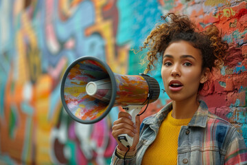 Young Activist with Megaphone Against Colorful Graffiti Wall
