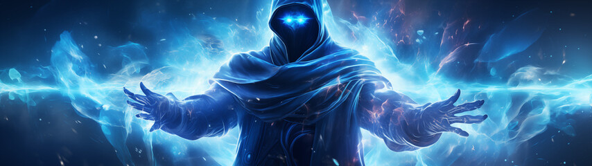 Blue Mystic Sorcerer Conjuring Energy Magic Wallpaper