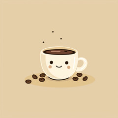 Obraz premium A charming, animated cup of coffee with a cute face surrounded by scattered coffee beans on a beige background. 