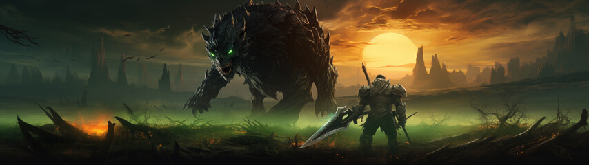 Epic Fantasy Battle Scene with Warrior and Dark Beast - obrazy, fototapety, plakaty