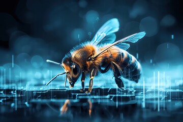 A bee landed delicately, its body vibrating with purpose, the exchange of lifes essentials taking place, closeup - obrazy, fototapety, plakaty