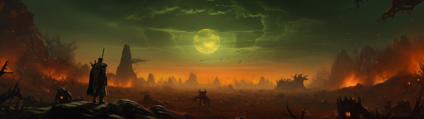 Dark Fantasy Landscape with Warrior and Monster - obrazy, fototapety, plakaty