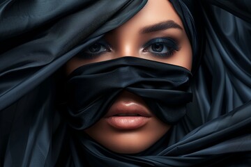 Woman with black veil covering face - obrazy, fototapety, plakaty