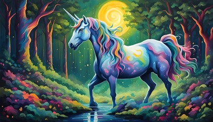 Magic unicorn with rainbow mane in the forest. Vector illustration. - obrazy, fototapety, plakaty