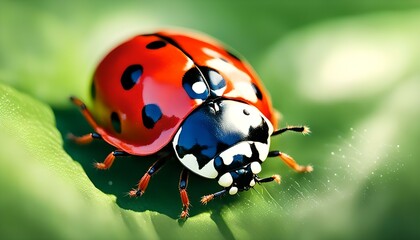 Naklejka premium ladybug on green leaf macro close up, beautiful photo digital picture
