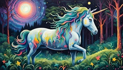 Poster Unicorn in the forest. Fairytale scene. Vector illustration © OO4