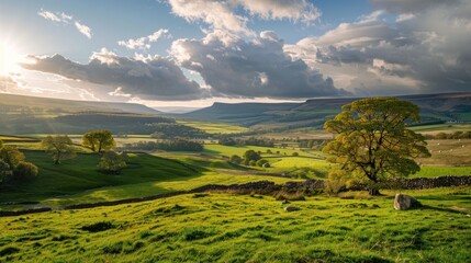 Fototapeta na wymiar Wide panoramic view of beautiful rural landscape in Yorkshire Dales near Hawes