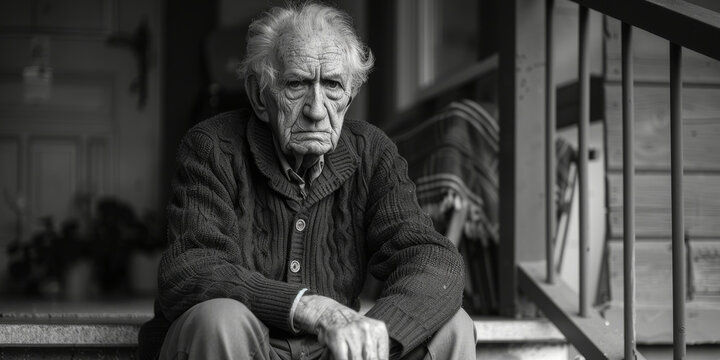 Elderly Man Sitting Alone on Porch in Black and White - Powered by Adobe