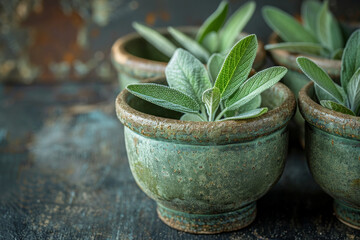 Fresh Sage Leaves in Rustic Ceramic Bowls on Dark Wooden Background